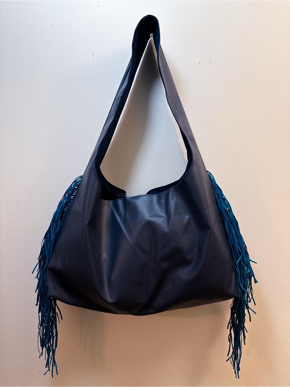 Handmade Navy Dark Blue Faux Leather Fringe Side Medium Size Tote Hobo Bag